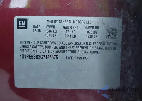 2016 Chevrolet Cruze Limited 1Lt Auto из США, поврежденный, VIN 1G1PE5SB3G7145376